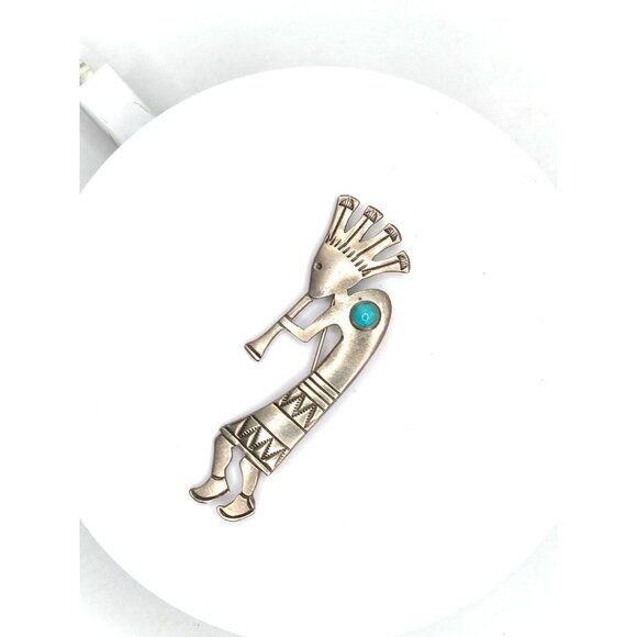 Vintage Sterling Silver Turquoise Kokopelli Brooch Indigenous 3" EP Marked - Picture 5 of 7